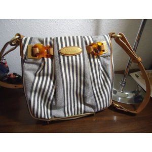 Vtg Brahmin Leather Cream Black Striped Canvas Bag Tortoise Links CLEAN …